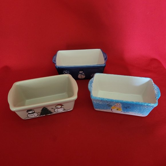Mini Bread Loaf Pan Ceramic Stoneware Christmas Winter Snowman Snowflakes Set of - Picture 5 of 12